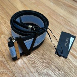 Versace web belt in blue black and grey
